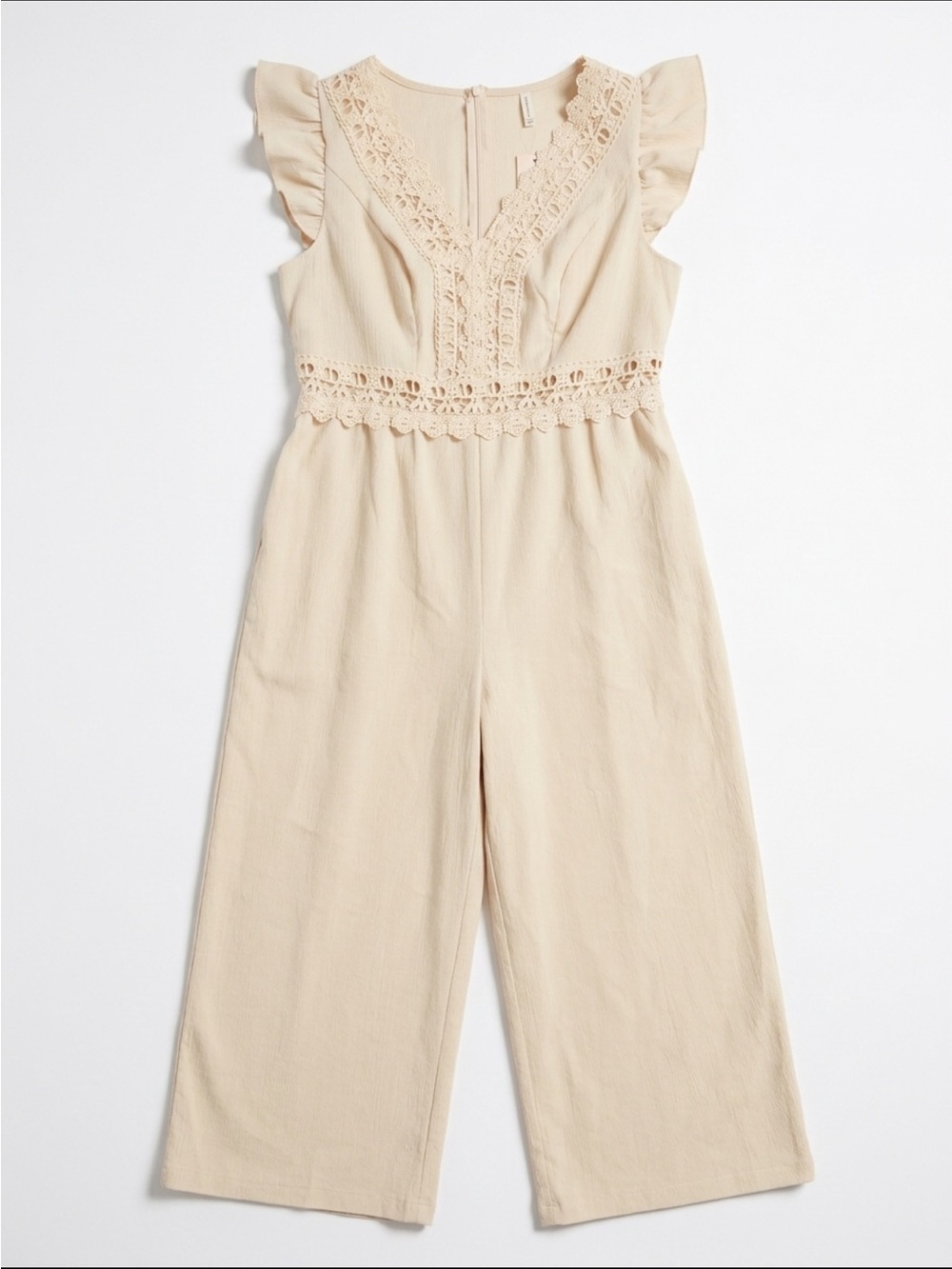 SHEIN CURVE 0X Women's Cream Crochet-Trim Jumpsuit